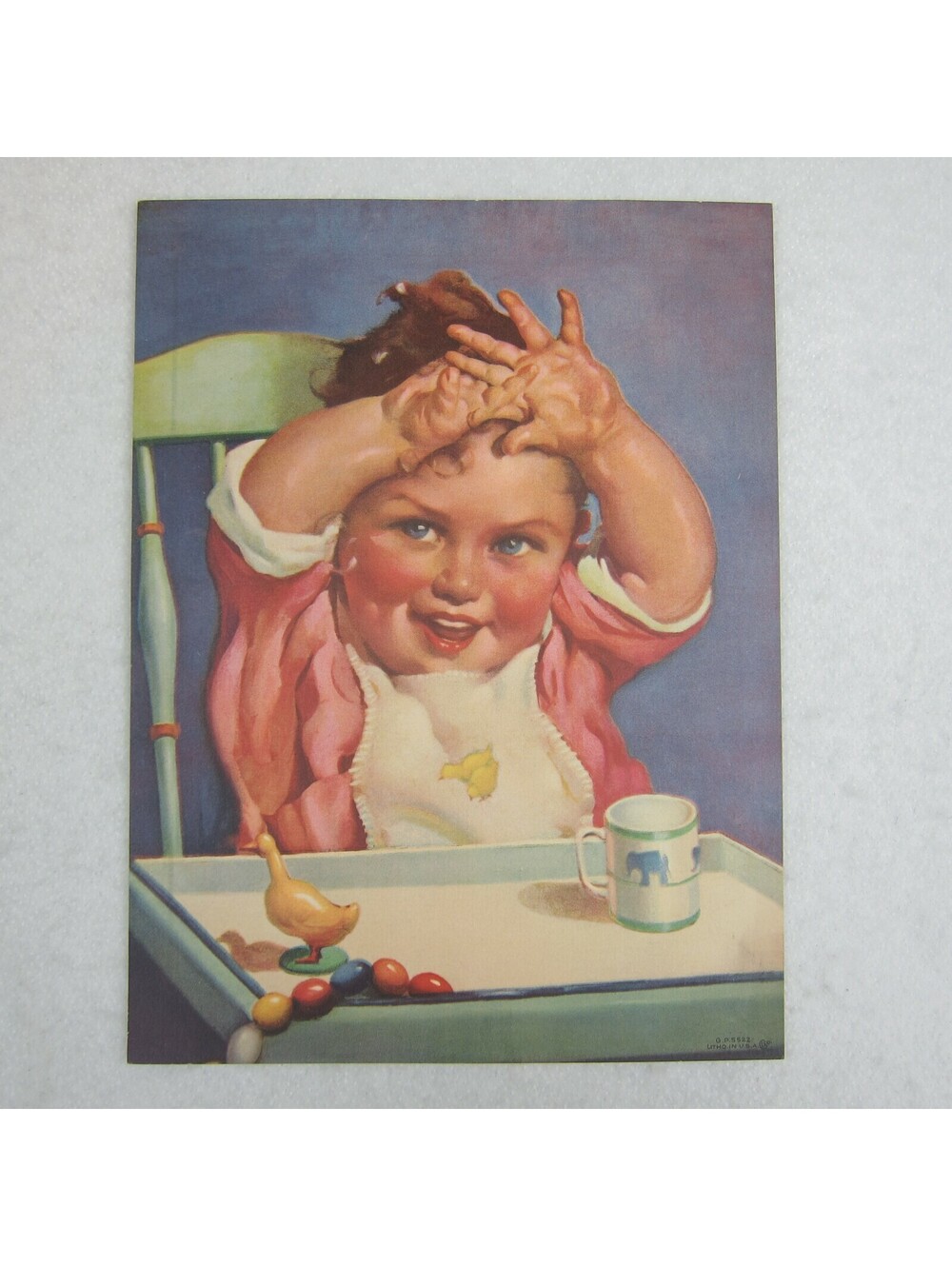 Vintage Segur Gulbransen Litho Print Baby High Chair Pink Dress Bib Cup GP5522